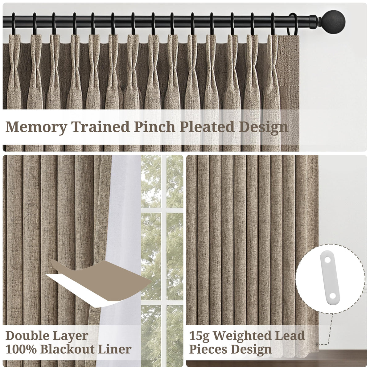 Taupe Pinch Pleat Blackout Curtain 70 Inch Extra Wide 96 Inch Long 2 Panels (Darkflax / 70"W x 96"L (Pack of 2))