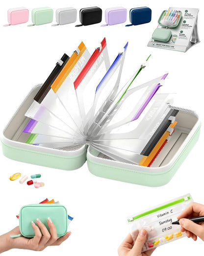 Waterproof Pill Organizer Pill Pouches for Travel 14 PCS Zippered Bags (Green)