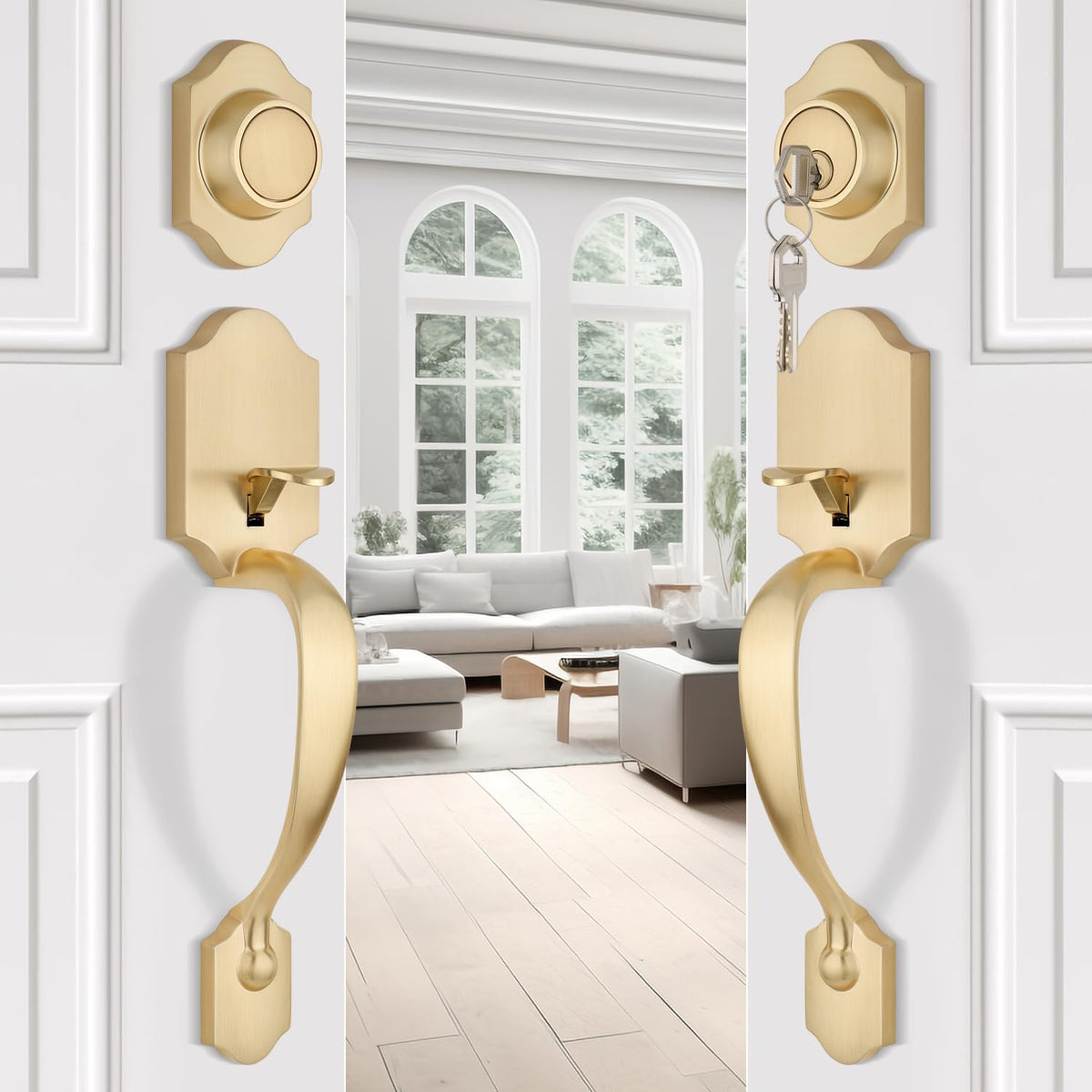 Gold Double Front Door Handle Set (Satin Brass)
