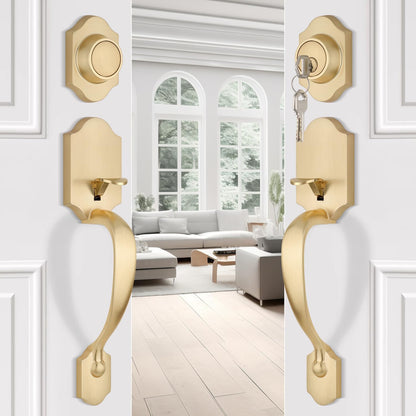 Gold Double Front Door Handle Set (Satin Brass)