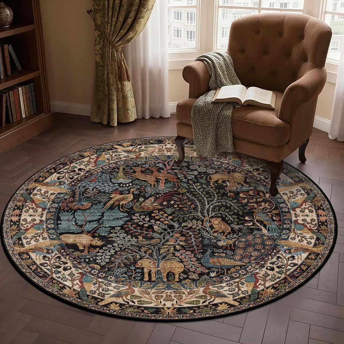 4ft Round Rug Circular Animal Print Area Rug Low Pile Indoor Rug (Vintage Black / 4' (Round))