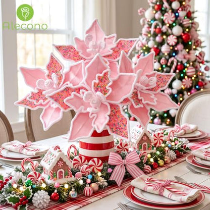 12 PCS 13in Pink Candy Cane Poinsettia Artificial Christmas Flowers (Pink Candy)