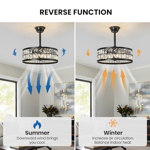 Caged Ceiling Fan with Lights and Remote 20 Inch Gold Crystal Fandelier Ceiling Fan Modern Farmhouse Chandelier Fan Light