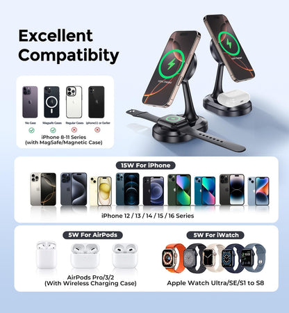 3 in 1 Magnetic Wireless Charging Station Devices 15W Fast Mag (Magnetic Single Pack Dark Black)