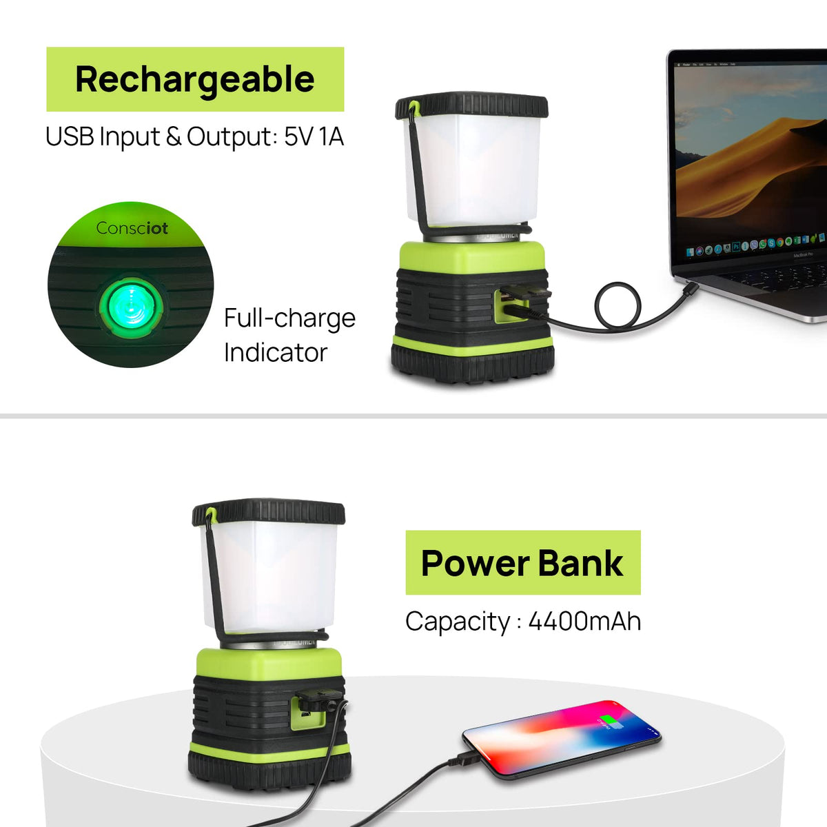 1000LM LED Camping Lantern Rechargeable (Light Green / 1 Pack)