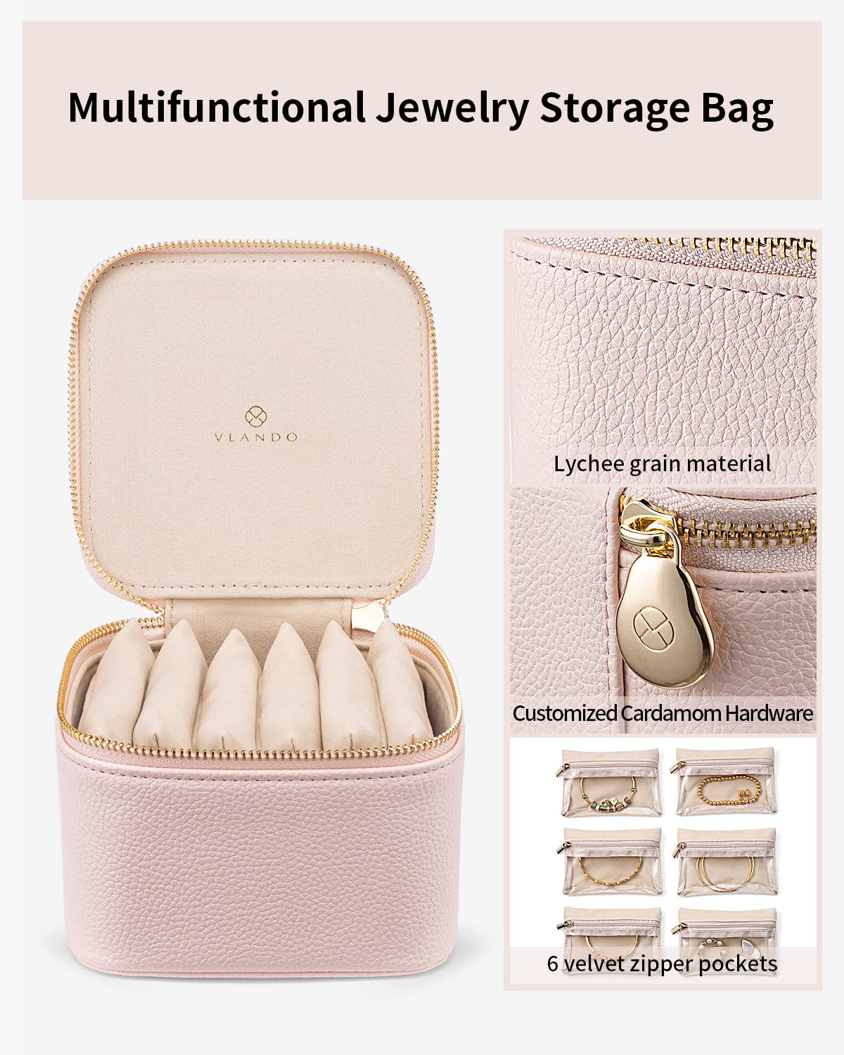 Travel Jewelry Case with 6 Clear Velvet Zipper Pouches (B.6 PCS Pink)