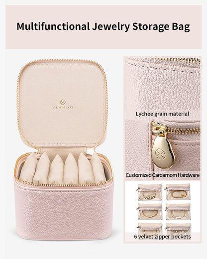 Travel Jewelry Case with 6 Clear Velvet Zipper Pouches (B.6 PCS Pink)