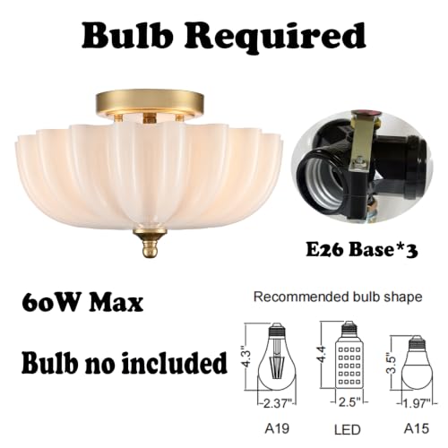 Modern Brass Semi Flush Mount Ceiling Light with Milky Glass Shade