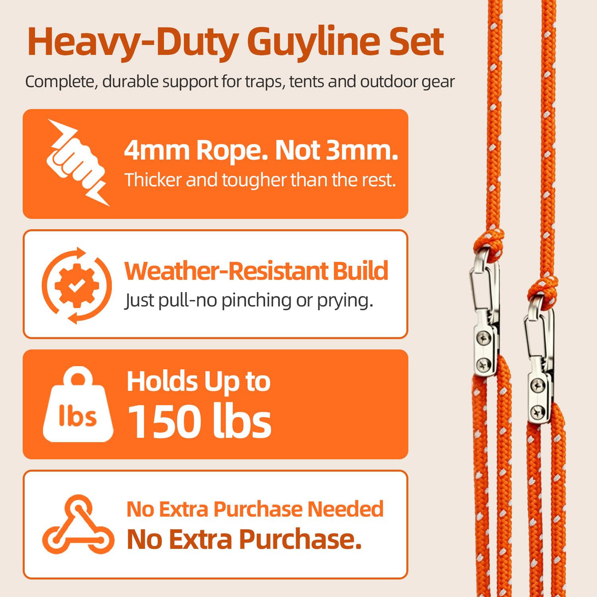6 Pack Rope Tensioner Set with Alloy Buckles and Storage Bag (Orange / 6-Pack)