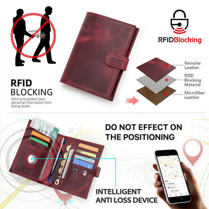 Full Grain Leather Passport Holder Compatible with Airtag Passport Wallet RFID Blocking Travel Passport Cover with SIM Card Removal Tool (Wine Red / Plain- Snap)