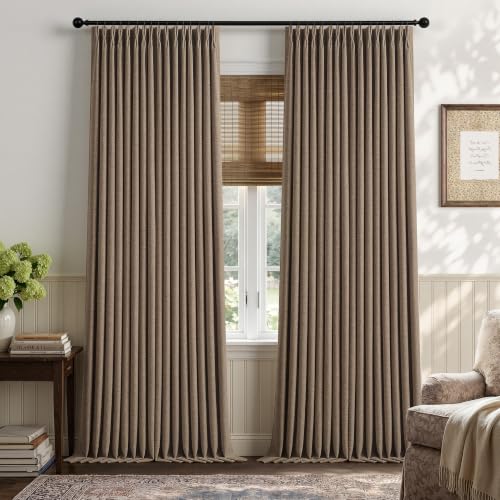 Dark Flax 92 Inch Pinch Pleat Blackout Linen Curtains for Bedroom Living Room 2 Panels Memory Trained 100% Black Out Soundproof Room Darkening 50x92 Inch Window Curtains Double Layer Pleated Drapes (Dark Flax / 50"W x 92"L (Pack of 2))