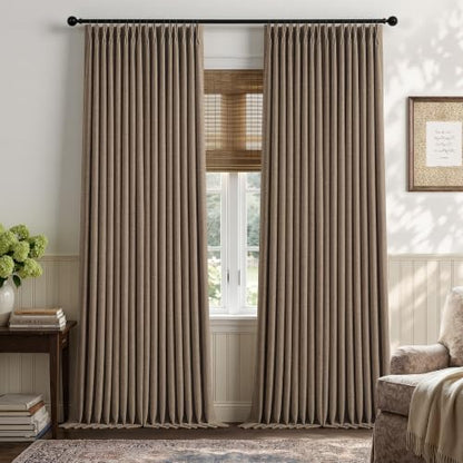 Dark Flax 92 Inch Pinch Pleat Blackout Linen Curtains for Bedroom Living Room 2 Panels Memory Trained 100% Black Out Soundproof Room Darkening 50x92 Inch Window Curtains Double Layer Pleated Drapes (Dark Flax / 50"W x 92"L (Pack of 2))