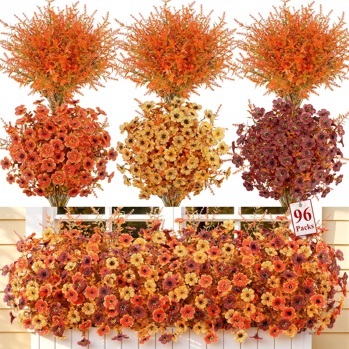 96Pcs Artificial Fall Flowers UV Resistant Fake Mums for Outdoors (Orange Yellow Brown)