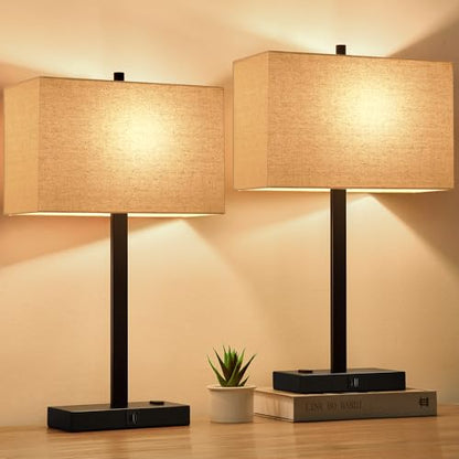 21" Set of 2 Touch Control Table Lamps with 2 USB & AC Outlets
