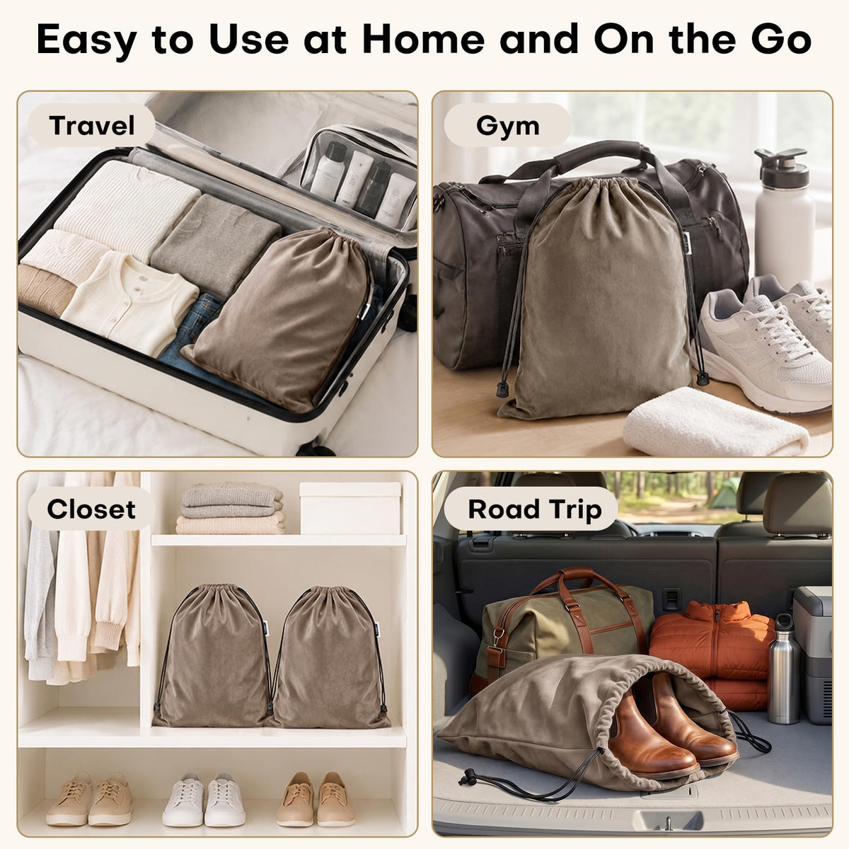 4 Pack Velvet Cloth Shoe Bags for Travel & Packing for Women & Men (Taupe)