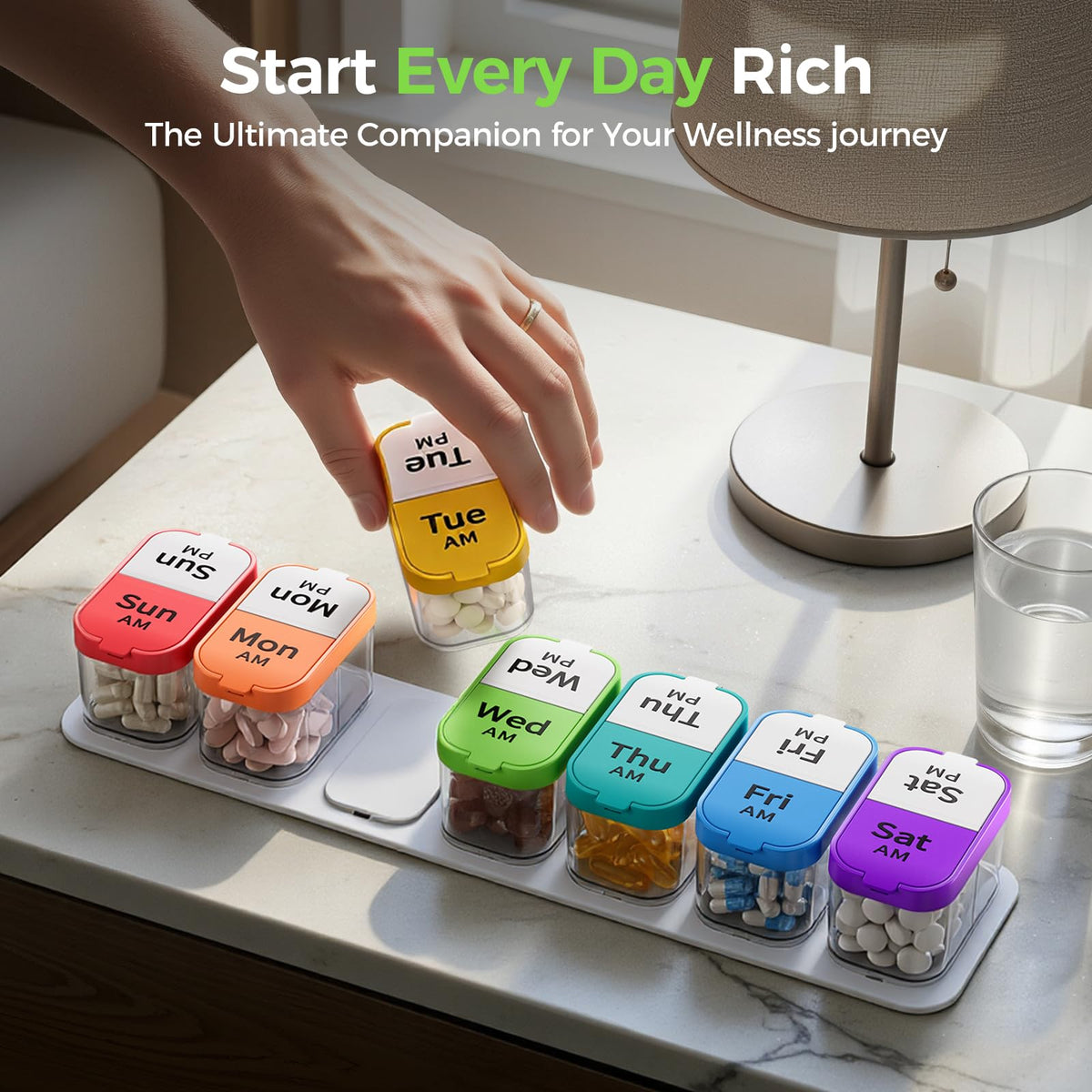 Extra Large Pill Organizer 2 Times a Day (Rainbow/White)