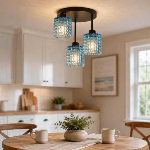 Modern Ceiling Light Fixture Black 3 Lights with Blue Glass Shade (3Light-Blue)
