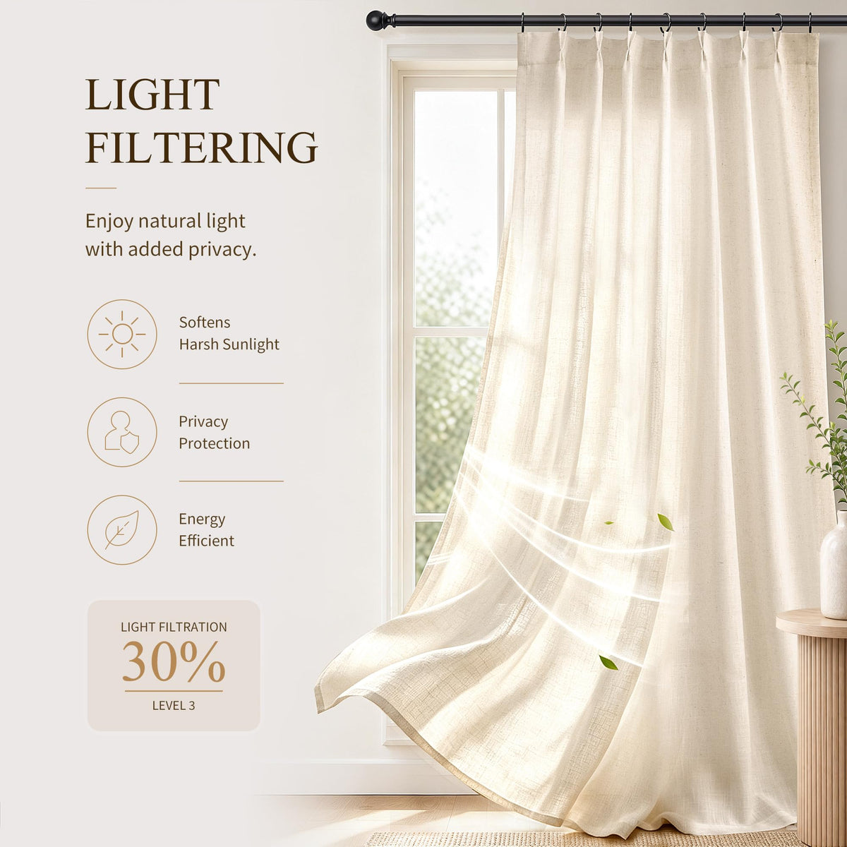 Cream Pinch Pleated Linen Curtains 120 Inch Long for Living Room (Linen / 40"W x 120"L (Pack of 2))