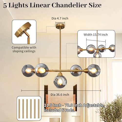 Linear Chandelier for Dining Room with Open Glass Globe Lampshade 13Lights Linear Chandelier Pendant Light