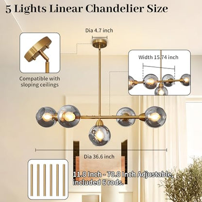 Linear Chandelier for Dining Room with Open Glass Globe Lampshade 13Lights Linear Chandelier Pendant Light