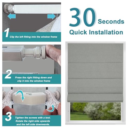 No Drill Roman Shades Cordless Blinds Blackout for Indoor Windows (Dark Grey / 25"W x 50"H)