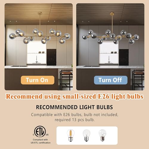 Gold Linear Chandelier 59 Inch Extra Large Sputnik Pendant Light (13 Lights Smoke Gray and Gold)