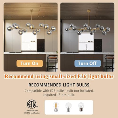 Gold Linear Chandelier 59 Inch Extra Large Sputnik Pendant Light (13 Lights Smoke Gray and Gold)