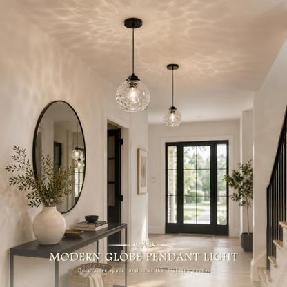 8" Modern Pendant Lights Kitchen Island Black Mid Century Modern Pendant Light Fixtures with Clear Glass Globe 2 Pack Modern Hanging Pendant Light for Bathroom Dining Room （Bulb Incl.） (Black & Hammered Glass / 8 Inch)