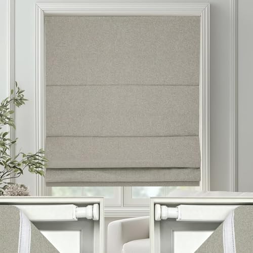 No Drill Roman Shades Cordless Blinds Blackout for Indoor Windows (Beige / 34.5"W x 50"H)