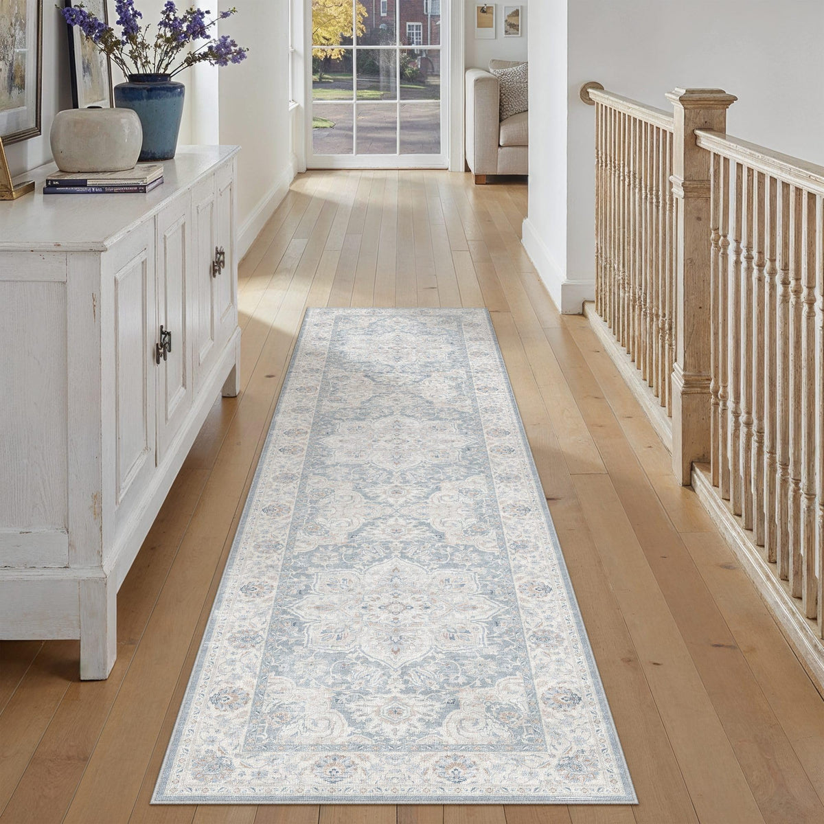 Blue 2x8 Runner Rug Washable Vintage Indoor Carpet (E| Blue / 2' x 8' (Runner))