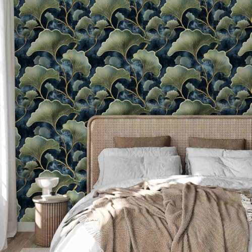 Dark Blue Ginkgo Leaf Peel and Stick Wallpaper
