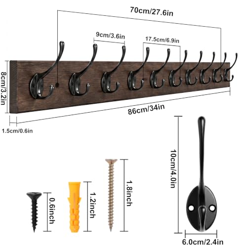 Vintage Wall Mounted Coat Rack (Antique wood / 1 Item-10 Hooks)
