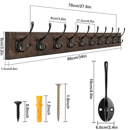 Vintage Wall Mounted Coat Rack (Antique wood / 1 Item-10 Hooks)