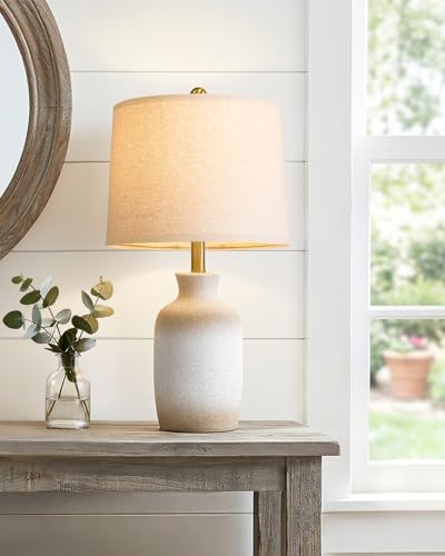 24'' Farmhouse Ceramic Table Lamp with Natural Textured Finish (White and Antique)