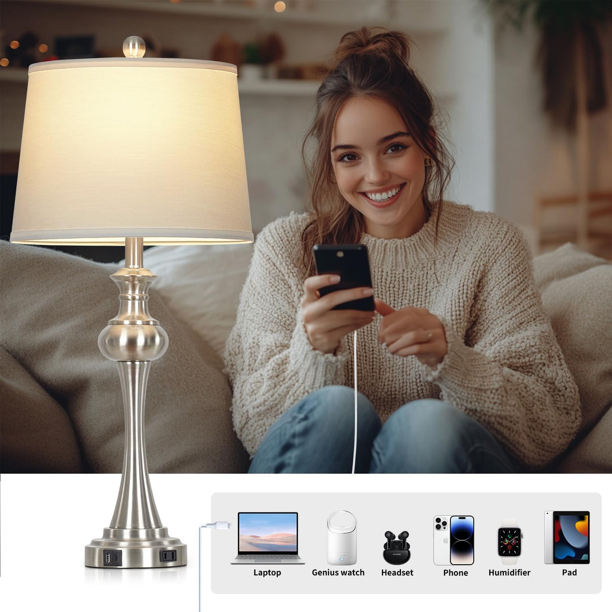 Silver Table Lamp for Living Room (Silver)