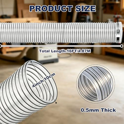 4" x 16' Clear Black PVC Dust Collection Hose Steel Wire Reinforced