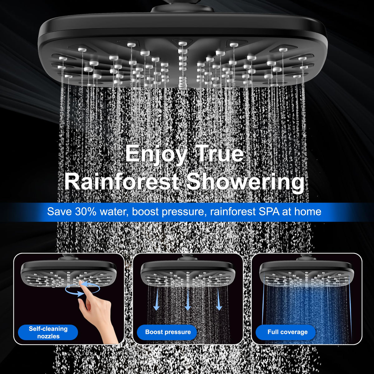 Dual Rainfall Shower Head With 8 (Matte Black)