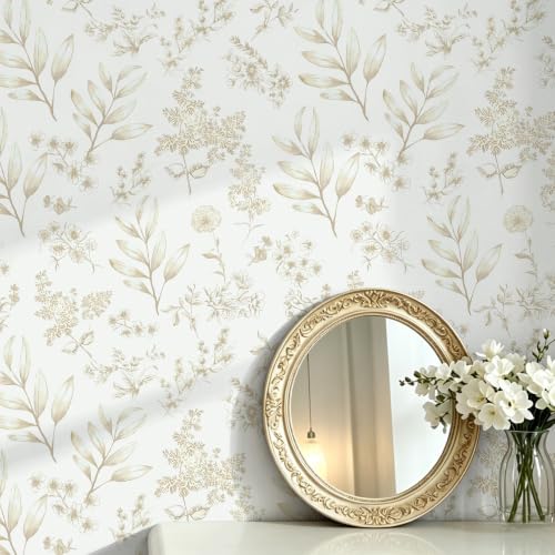 Sage Green Leaf Peel and Stick Wallpaper Beige Wildflower