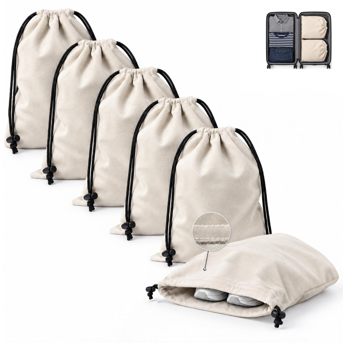 6 Pack Premium Velvet Shoe Bags for Travel & Packing in Suitcases (Beige)