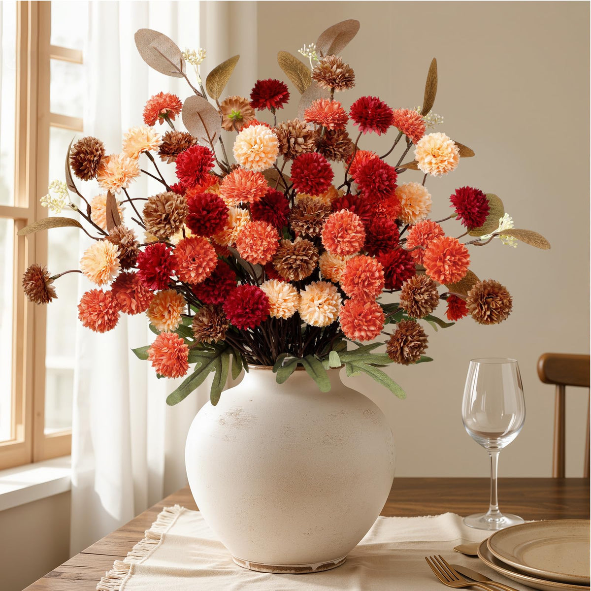 32 PCS Silk Mums Artificial Fall Flowers with Eucalyptus for Vase (Yellow Red Orange Brown)