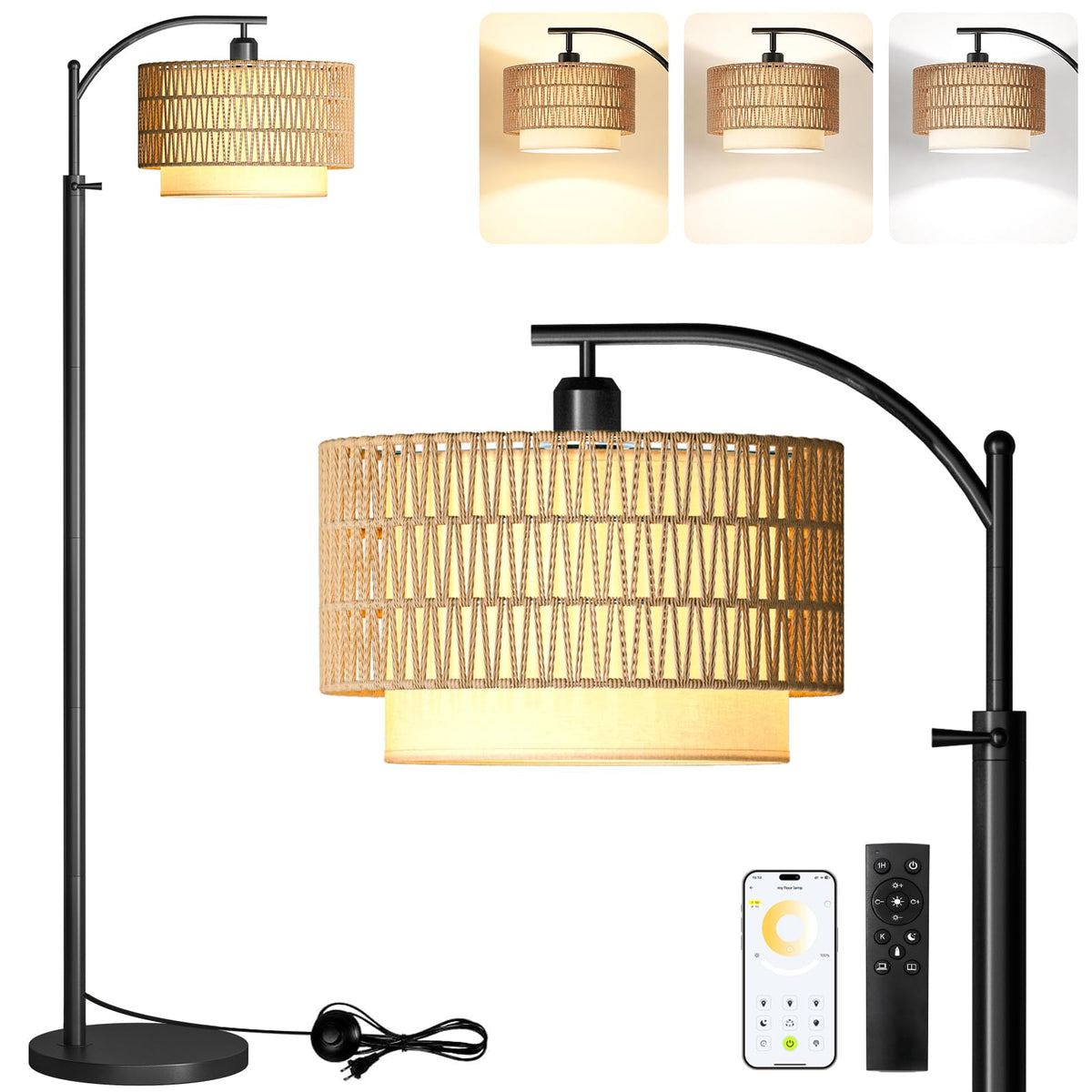 Boho Floor Lamp For Living Room With 3 Color Temperature and Remote (Beige Black)