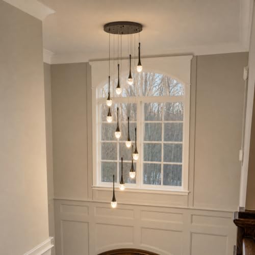 Crystal Chandelier for High Ceiling Foyer Entryway Living Room Staircase Adjustable Height LED Dimmable 2700