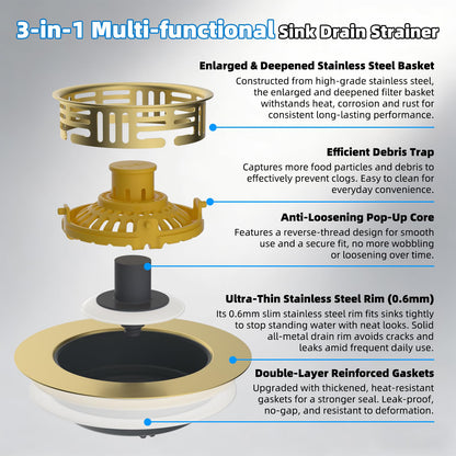 3 in 1 Kitchen Sink Drain Strainer (Brushed Gold)