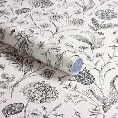 Beige and Black Floral Peel and Stick Wallpaper Floral 17in x 197in (Black / 17.3" x 196.8")