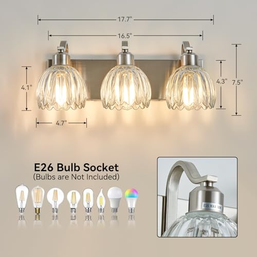 3 Light Vanity Lights with Clear Tulip Glass Shade (Brushed Nickel - Tulip Clear / 3-light)