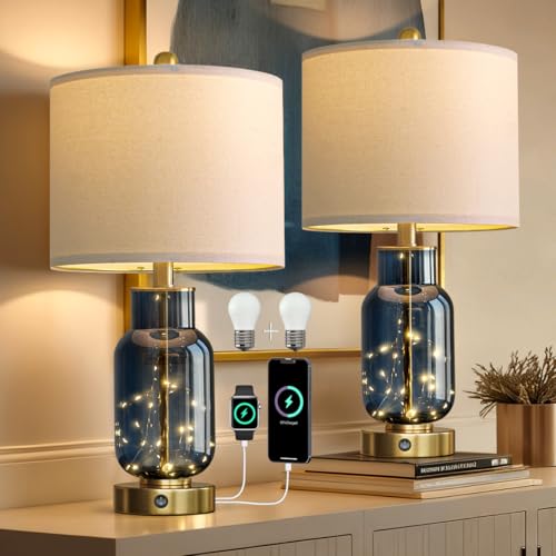 Glass Table Lamps Set of 2 with Nightlight for Bedroom