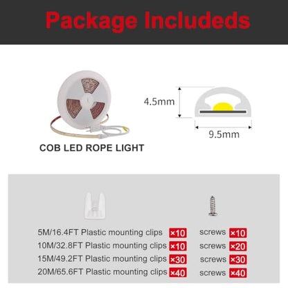 COB LED Rope Light AC 120V 1200lm Ultra Bright IP65 Waterproof Cold
