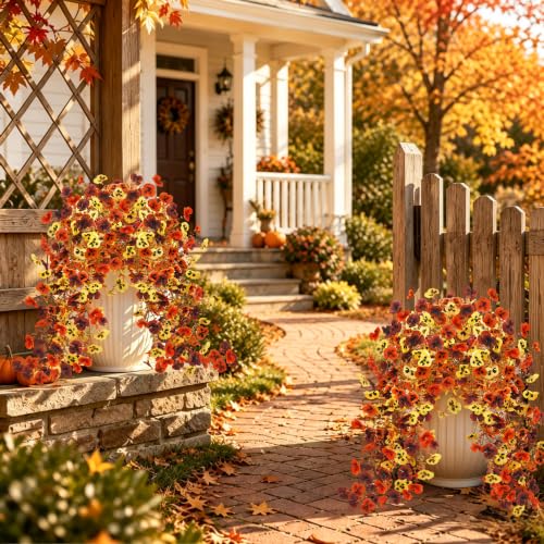 2Pcs Fall Pansies Flowers Artificial with 2'' Large Flower Heads (Yellow/Orange/Burgundy Pansy Flowers)