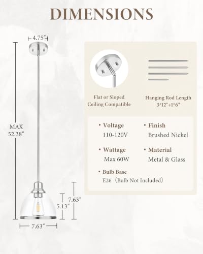 1 Pack Brushed Nickel Pendant Light for Kitchen Island (Brushed Nickel)