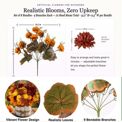 Artificial Mums for Outdoors (Multi-orange Yellow Burgundy Brown / 15.2 inches)